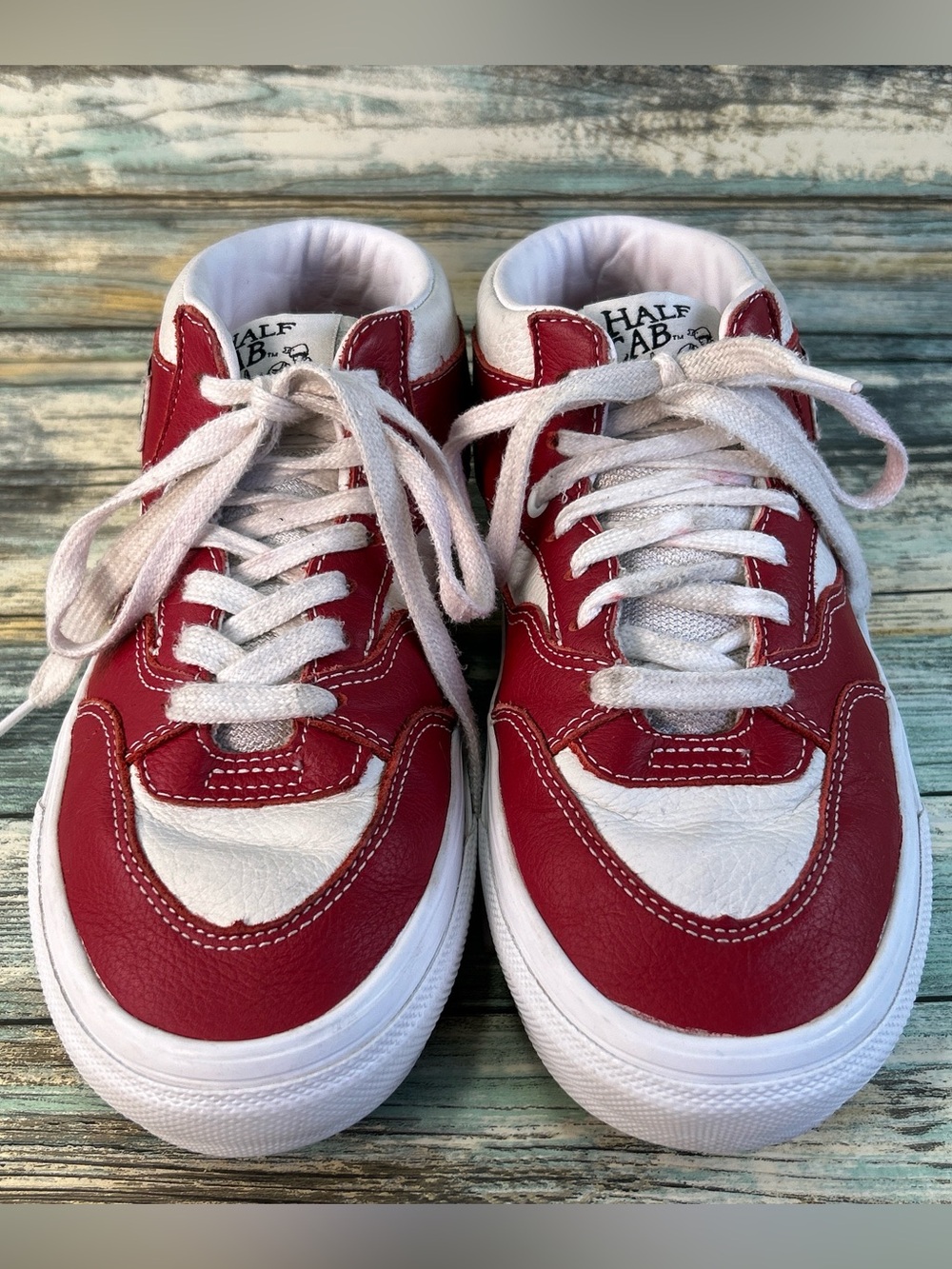 Vans Half Cab High Top Sneakers Mens Size 7 Red White Leather Skateboarding Shoe